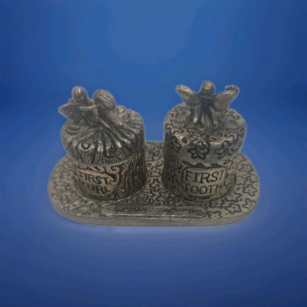 First Tooth & First Curl VINTAGE BabyKeepsake Boxes Set Pewter Fairy Theme